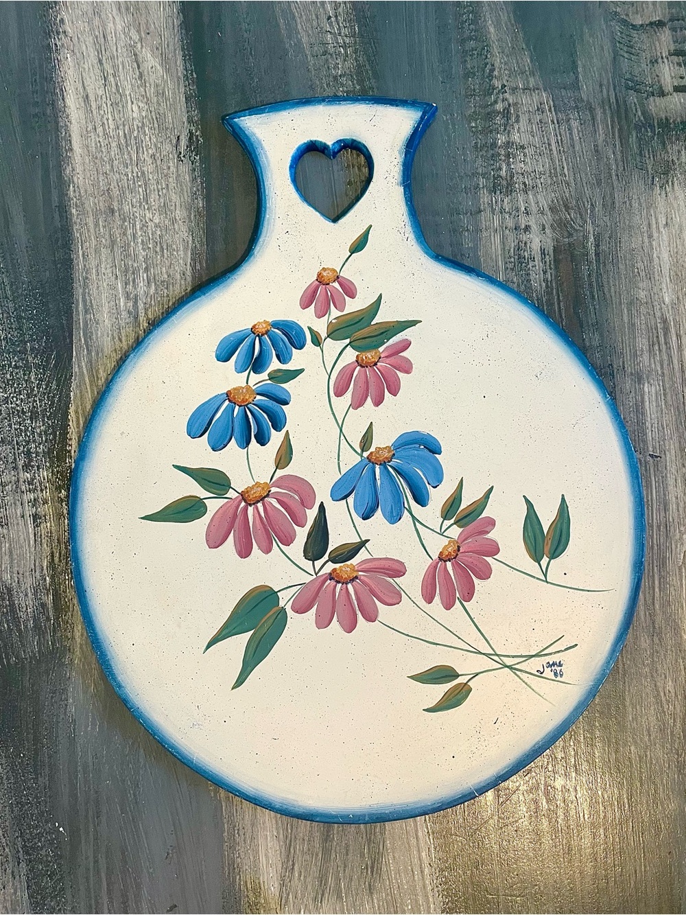 Vintage 1986 Hand Painted Ceramic Floral Wall Plaque Trivet Heart Signed Jane